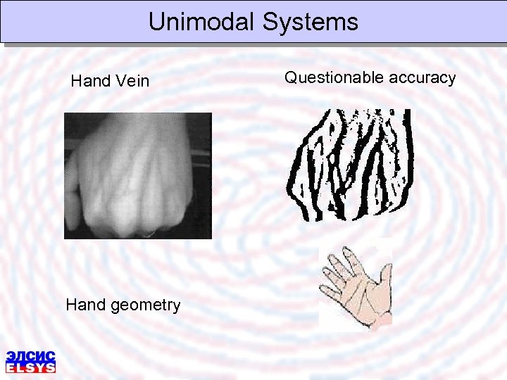 Unimodal Systems Hand Vein Hand geometry Questionable accuracy 