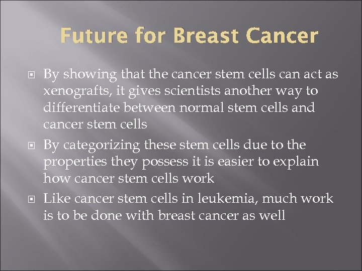 Future for Breast Cancer By showing that the cancer stem cells can act as