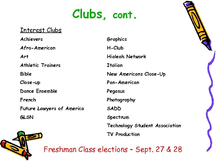 Clubs, cont. Interest Clubs Achievers Graphics Afro-American H-Club Art Hialeah Network Athletic Trainers Italian