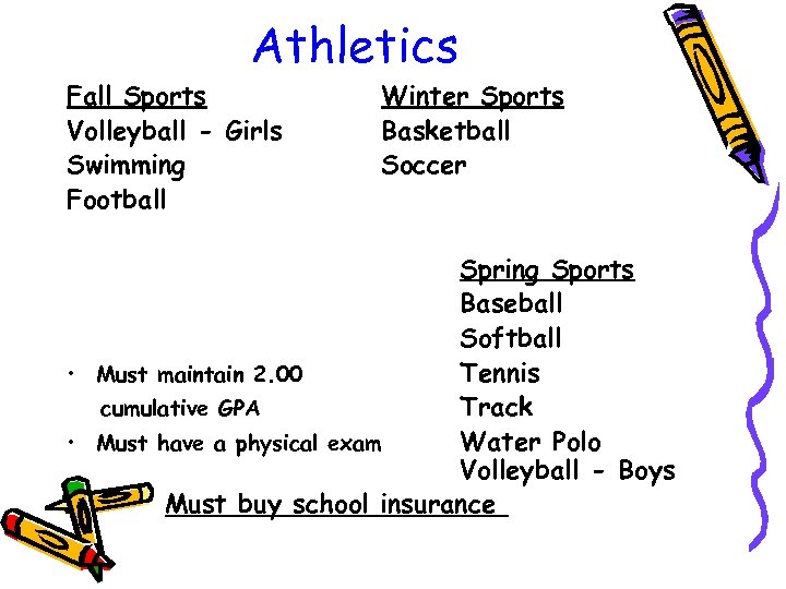 Athletics Fall Sports Volleyball - Girls Swimming Football Winter Sports Basketball Soccer Spring Sports