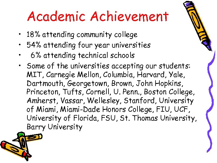 Academic Achievement • 18% attending community college • 54% attending four year universities •