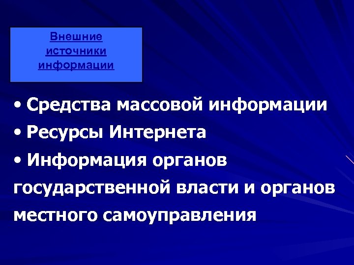 Внешние источники информации • Средства массовой информации • Ресурсы Интернета • Информация органов государственной
