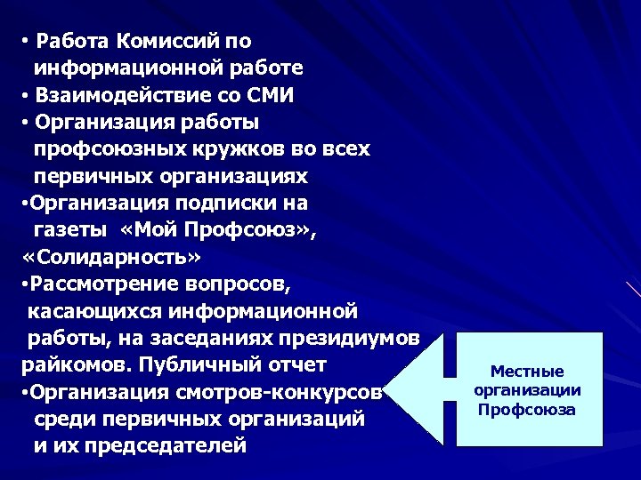  • Работа Комиссий по информационной работе • Взаимодействие со СМИ • Организация работы