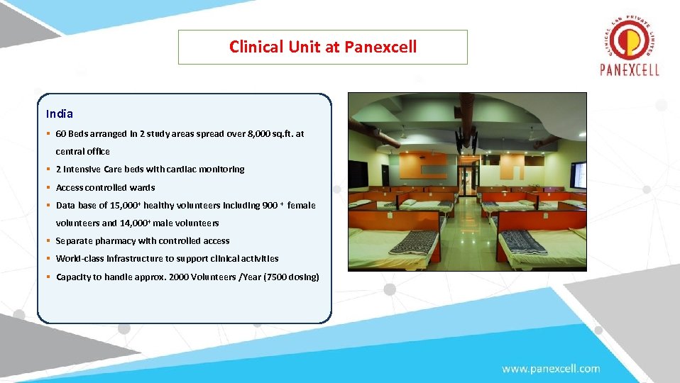 Clinical Unit at Panexcell India § 60 Beds arranged in 2 study areas spread