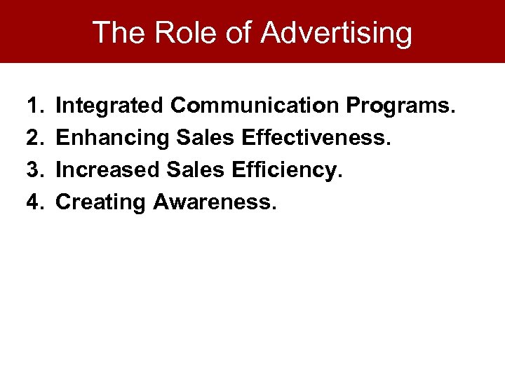 The Role of Advertising 1. 2. 3. 4. Integrated Communication Programs. Enhancing Sales Effectiveness.