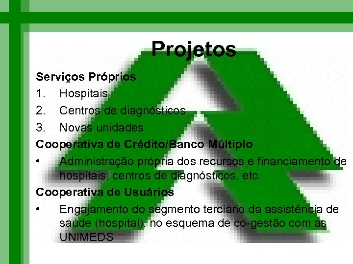 Projetos Serviços Próprios 1. Hospitais 2. Centros de diagnósticos 3. Novas unidades Cooperativa de