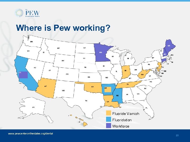 Where is Pew working? Fluoride Varnish Fluoridation Workforce www. pewcenteronthestates. org/dental 23 