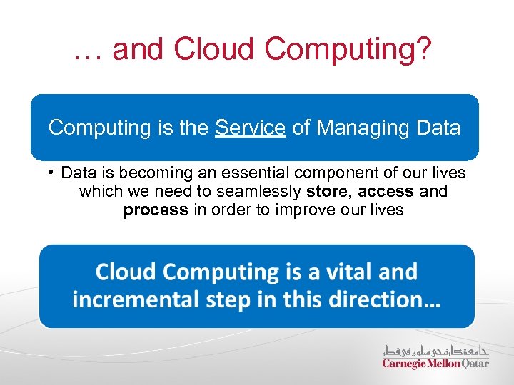 … and Cloud Computing? Computing is the Service of Managing Data • Data is