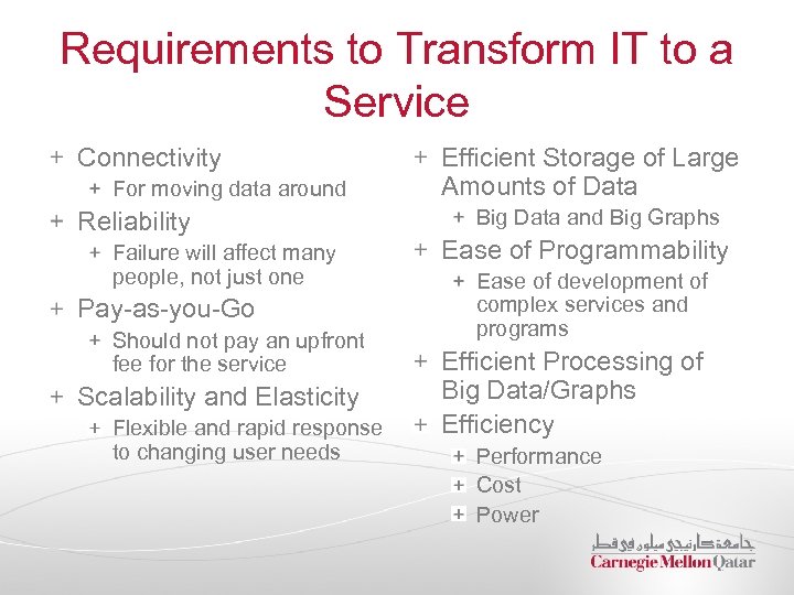 Requirements to Transform IT to a Service Connectivity For moving data around Reliability Failure