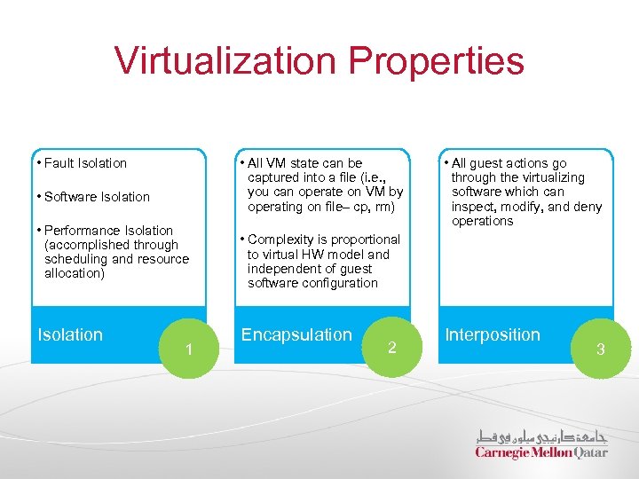 Virtualization Properties • Fault Isolation • All VM state can be captured into a