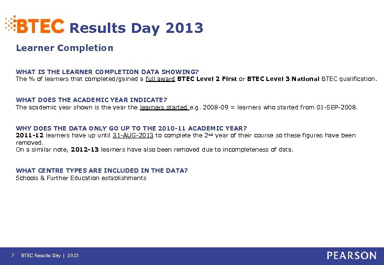 Results Day 2013 Learner Completion WHAT IS THE LEARNER COMPLETION DATA SHOWING? The %