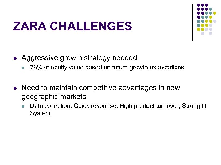 ZARA CHALLENGES l Aggressive growth strategy needed l l 76% of equity value based