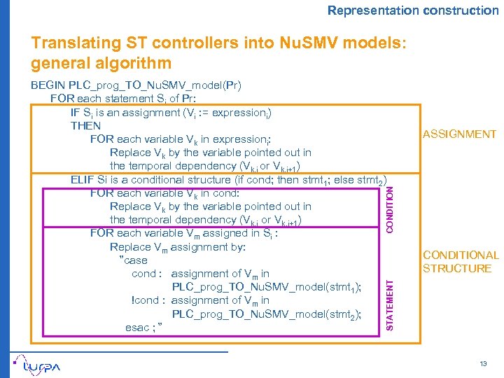Representation construction Translating ST controllers into Nu. SMV models: general algorithm ASSIGNMENT CONDITION BEGIN