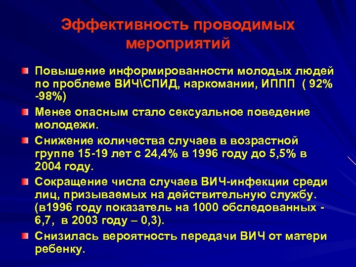 Эффективность проводимых мероприятий Повышение информированности молодых людей по проблеме ВИЧСПИД, наркомании, ИППП ( 92%