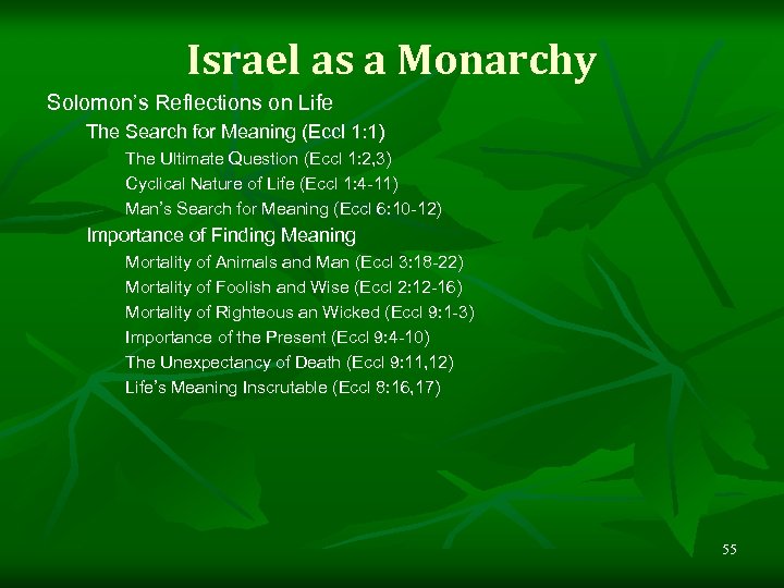 Israel as a Monarchy Solomon’s Reflections on Life The Search for Meaning (Eccl 1: