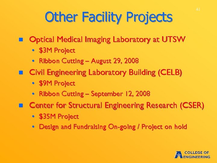 Other Facility Projects n 41 Optical Medical Imaging Laboratory at UTSW • $3 M