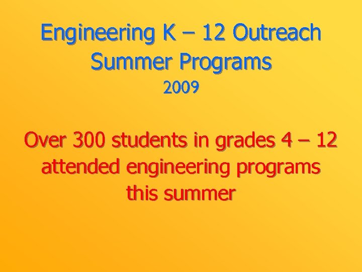 Engineering K – 12 Outreach Summer Programs 2009 Over 300 students in grades 4