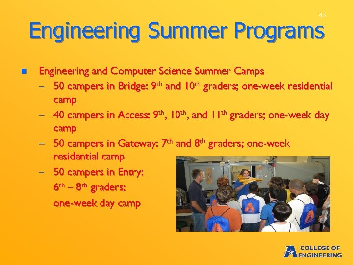 45 Engineering Summer Programs n Engineering and Computer Science Summer Camps – 50 campers