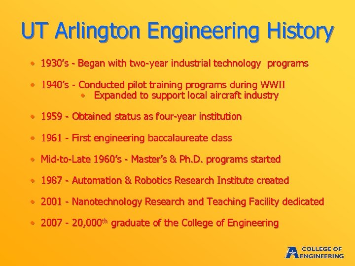 UT Arlington Engineering History • 1930’s - Began with two-year industrial technology programs •
