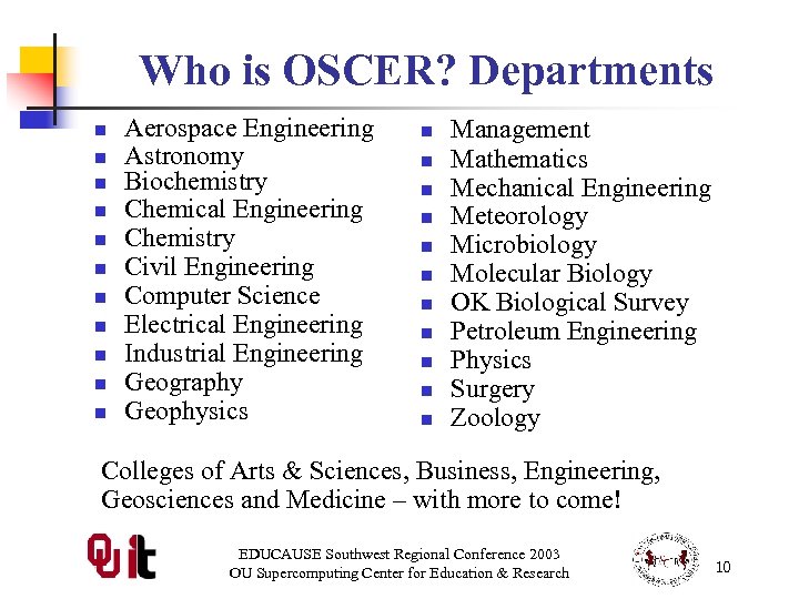 Who is OSCER? Departments n n n Aerospace Engineering Astronomy Biochemistry Chemical Engineering Chemistry