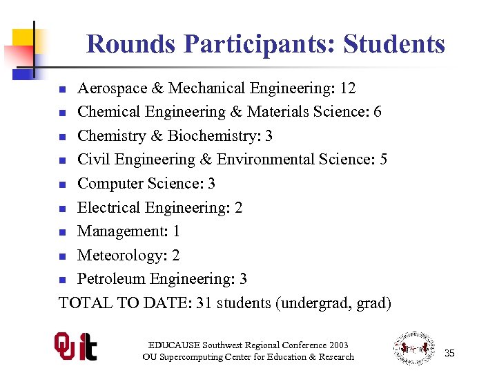 Rounds Participants: Students Aerospace & Mechanical Engineering: 12 n Chemical Engineering & Materials Science: