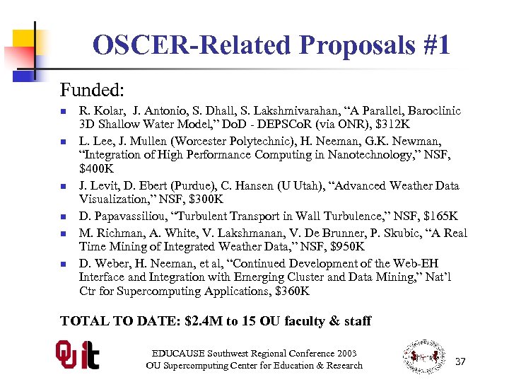 OSCER-Related Proposals #1 Funded: n n n R. Kolar, J. Antonio, S. Dhall, S.