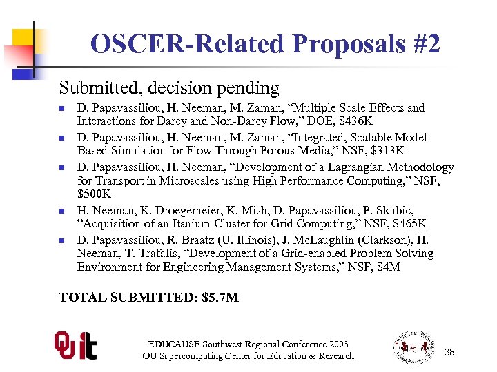 OSCER-Related Proposals #2 Submitted, decision pending n n n D. Papavassiliou, H. Neeman, M.