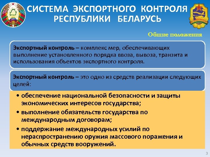 СИСТЕМА ЭКСПОРТНОГО КОНТРОЛЯ РЕСПУБЛИКИ БЕЛАРУСЬ Общие положения Экспортный контроль – комплекс мер, обеспечивающих выполнение