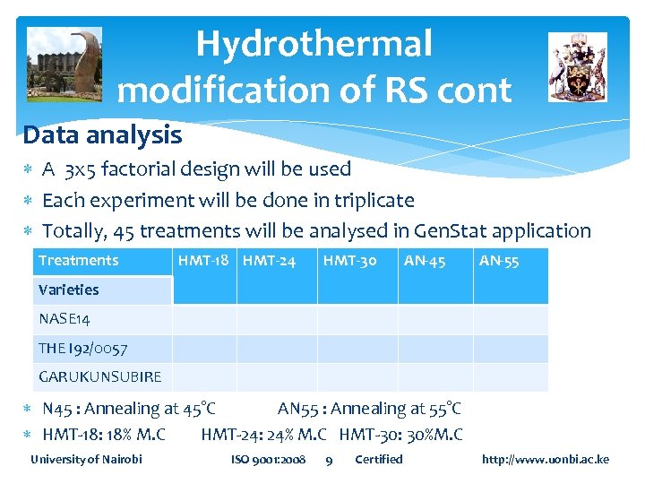 Hydrothermal modification of RS cont Data analysis A 3 x 5 factorial design will