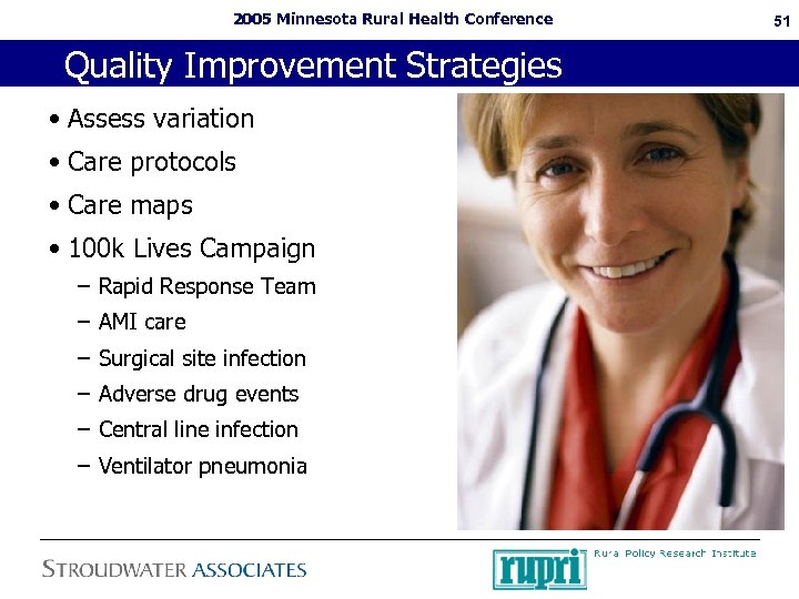 2005 Minnesota Rural Health Conference Quality Improvement Strategies • Assess variation • Care protocols