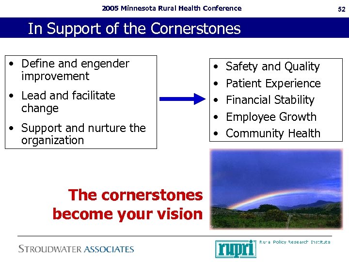 2005 Minnesota Rural Health Conference In Support of the Cornerstones • Define and engender