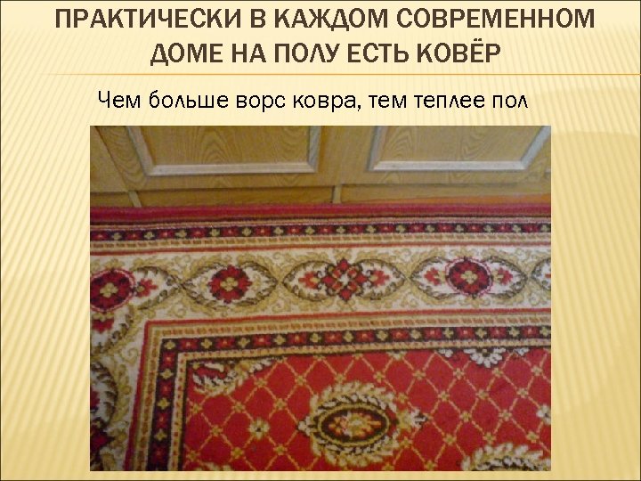 ПРАКТИЧЕСКИ В КАЖДОМ СОВРЕМЕННОМ ДОМЕ НА ПОЛУ ЕСТЬ КОВЁР Чем больше ворс ковра, тем