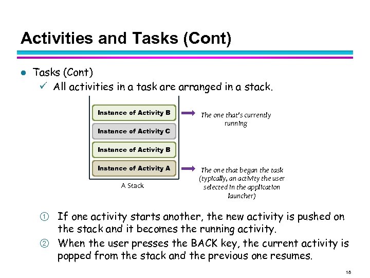 Activities and Tasks (Cont) l Tasks (Cont) All activities in a task are arranged