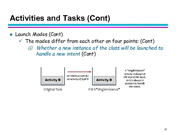 Activities and Tasks (Cont) l Launch Modes (Cont) The modes differ from each other