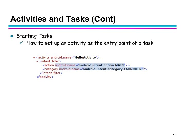 Activities and Tasks (Cont) l Starting Tasks How to set up an activity as