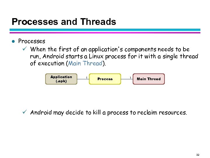 Processes and Threads l Processes When the first of an application's components needs to