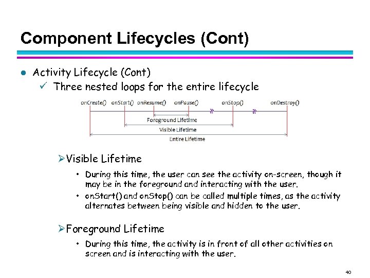 Component Lifecycles (Cont) l Activity Lifecycle (Cont) Three nested loops for the entire lifecycle