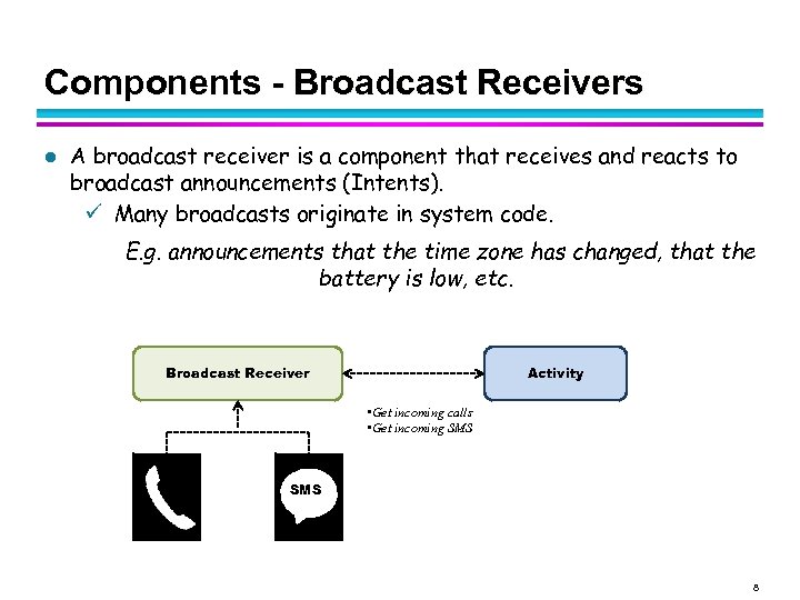 Components - Broadcast Receivers l A broadcast receiver is a component that receives and