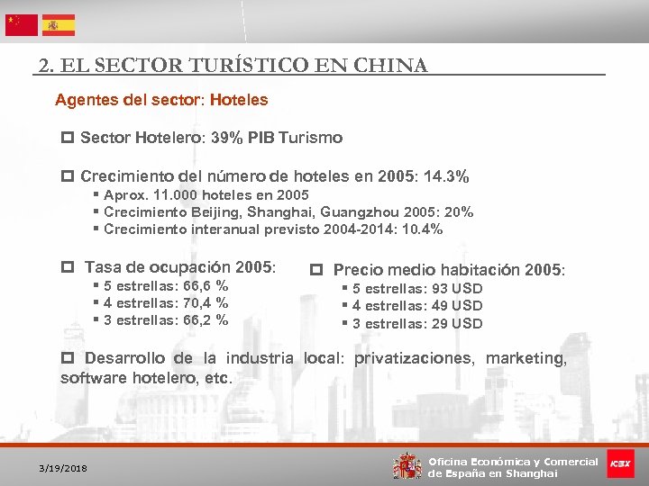 2. EL SECTOR TURÍSTICO EN CHINA Agentes del sector: Hoteles p Sector Hotelero: 39%