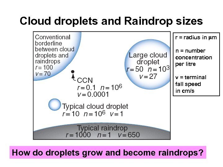 Cloud droplets and Raindrop sizes r = radius in m n = number concentration