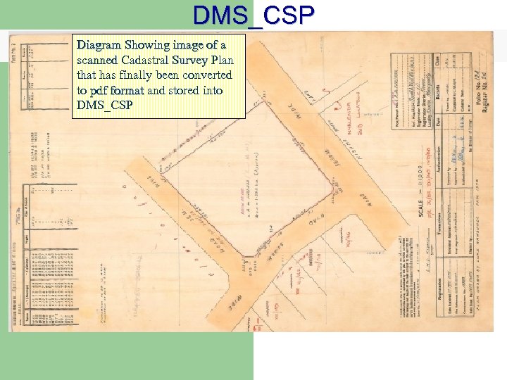 DMS_CSP Diagram Showing image of a scanned Cadastral Survey Plan scanned Cadastral Survey that