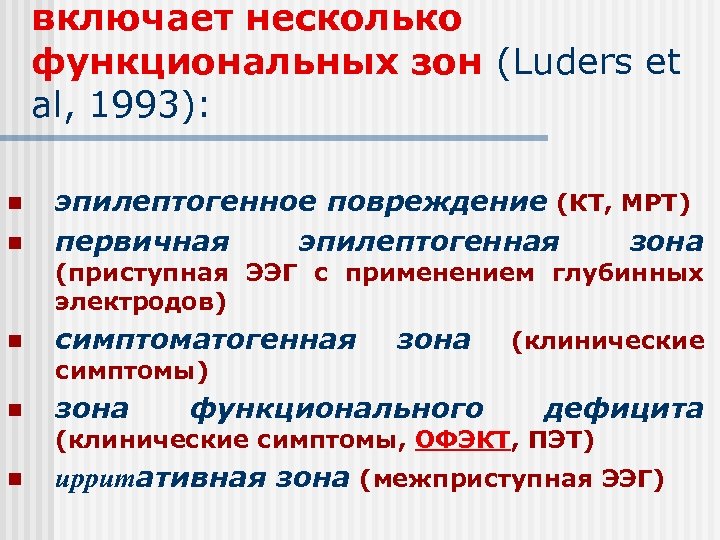 включает несколько функциональных зон (Luders et al, 1993): n n эпилептогенное повреждение (КТ, МРТ)