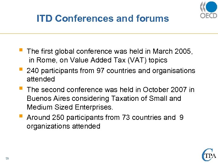 ITD Conferences and forums § § 25 The first global conference was held in