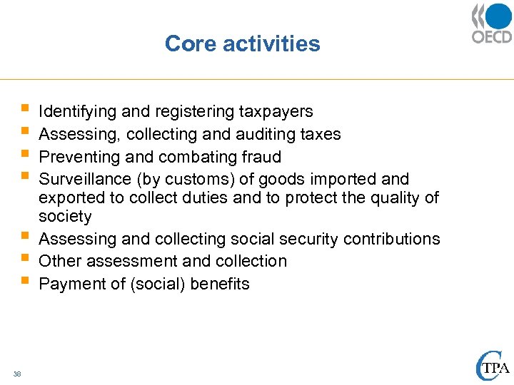 Core activities § § § § 38 Identifying and registering taxpayers Assessing, collecting and