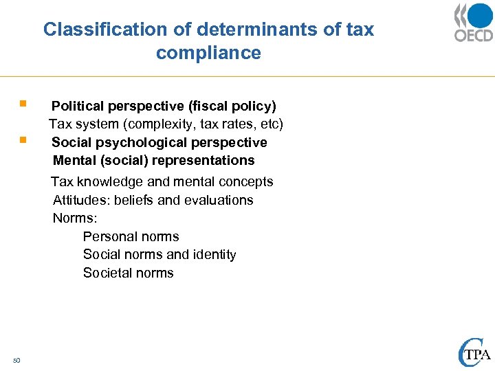 Classification of determinants of tax compliance § § Political perspective (fiscal policy) Tax system