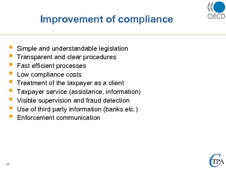 Improvement of compliance § § § § § 54 Simple and understandable legislation Transparent