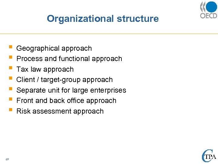 Organizational structure § § § § 69 Geographical approach Process and functional approach Tax