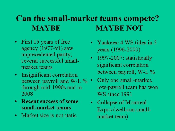 Can the small-market teams compete? MAYBE • First 15 years of free agency (1977