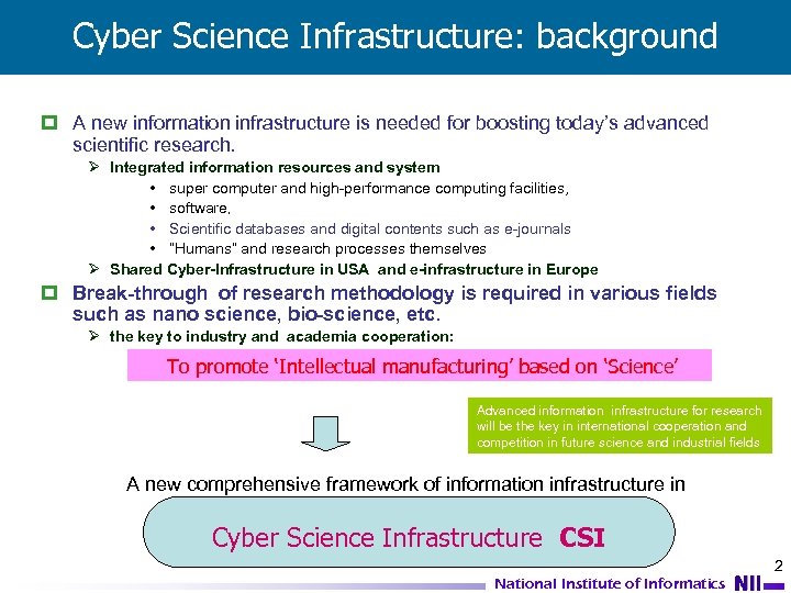 Cyber Science Infrastructure: background p A new information infrastructure is needed for boosting today’s