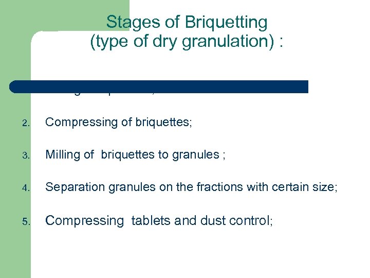 Stages of Briquetting (type of dry granulation) : 1. Mixing components; 2. Compressing of